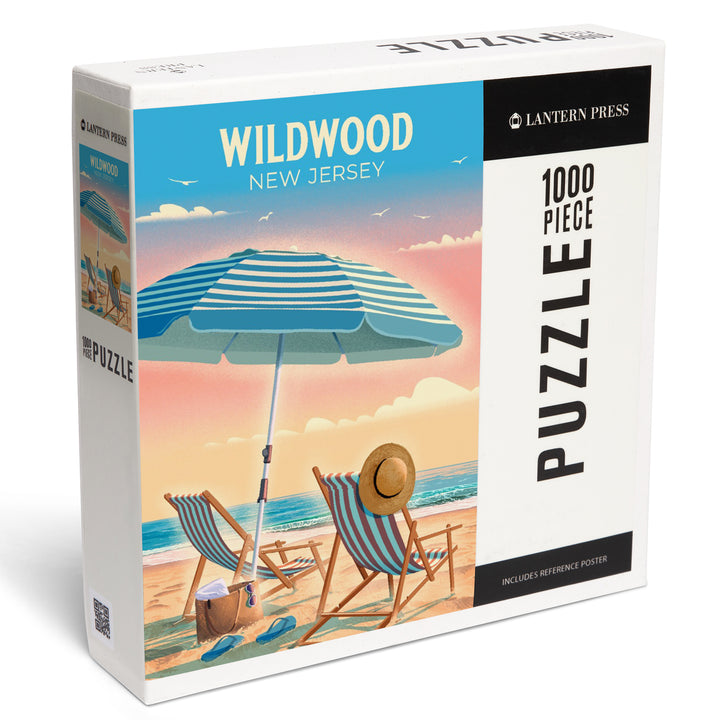 Wildwood, New Jersey, Lithograph, Beach Chair and Umbrella, 1000 Piece Jigsaw Puzzle