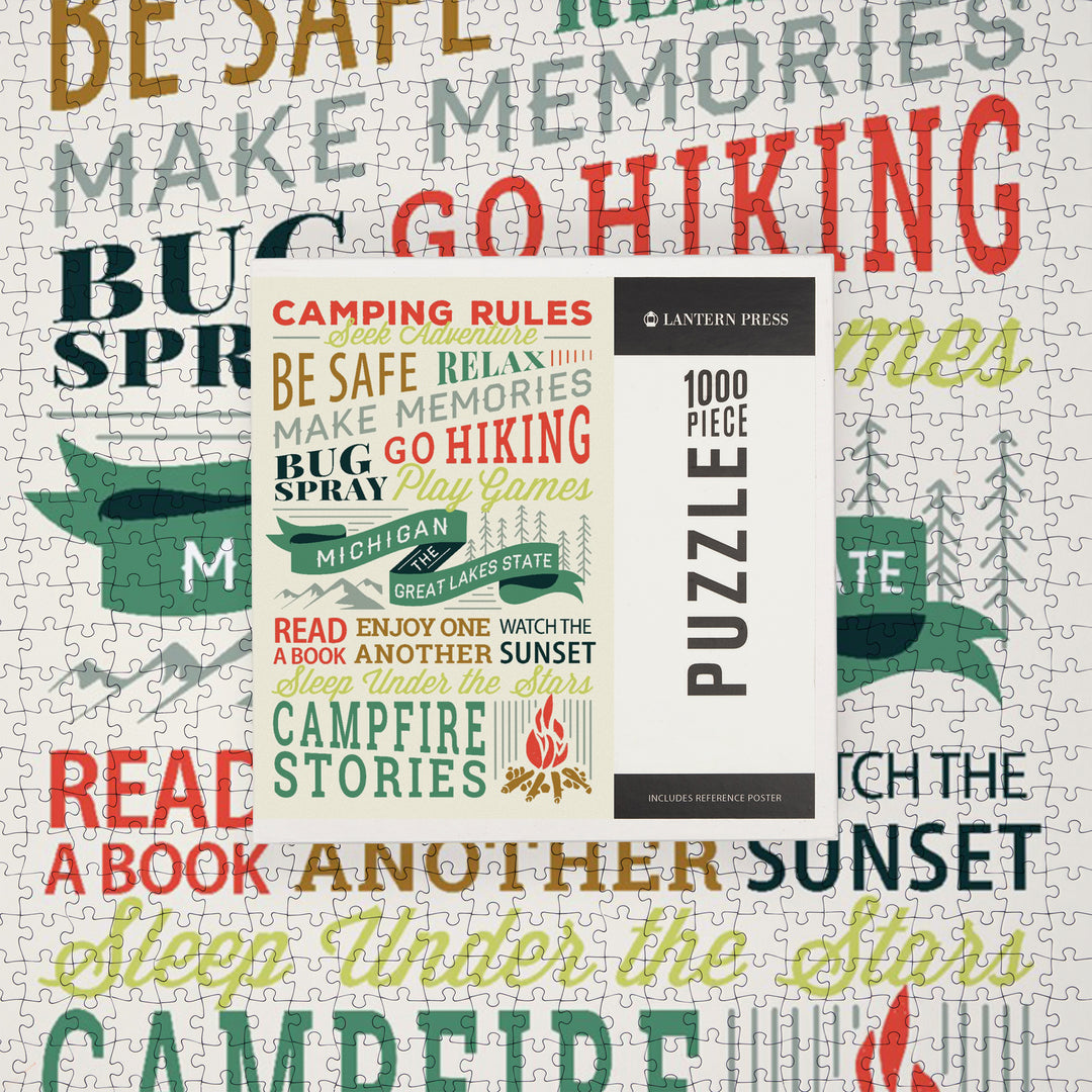 Lake Michigan, The Great Lakes State, Camping Rules, Typography Stacked, Jigsaw Puzzle