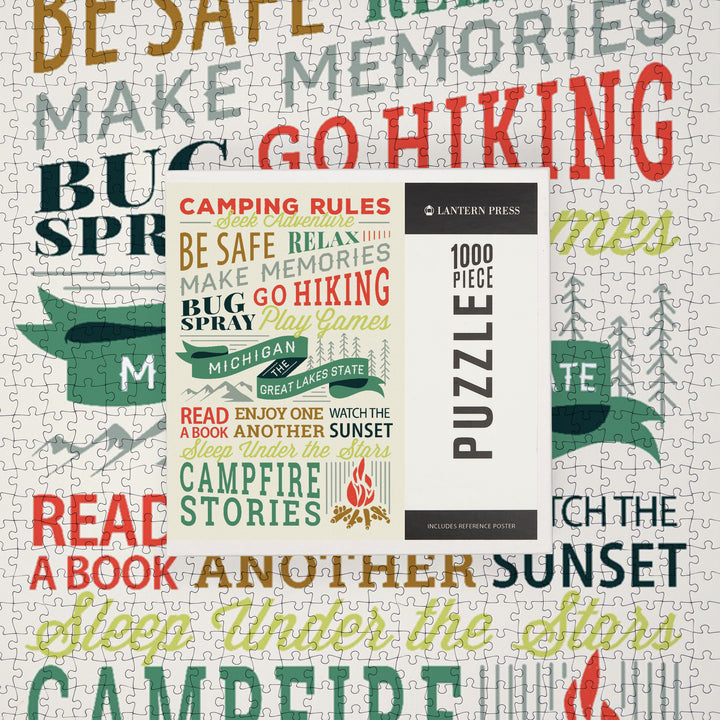 Lake Michigan, The Great Lakes State, Camping Rules, Typography Stacked, Jigsaw Puzzle