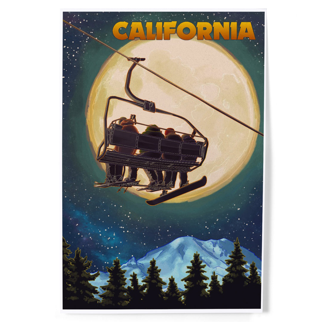 California, Ski Lift, Full Moon, Snowboard, Art & Giclee Prints