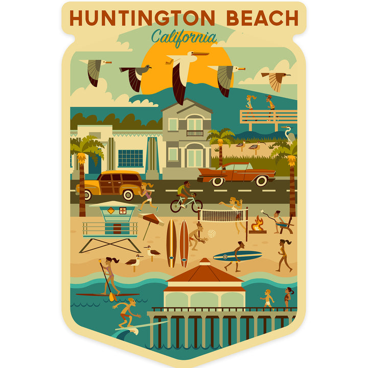 Huntington Beach, California, Geometric City Series, Contour, Vinyl Sticker - Lantern Press