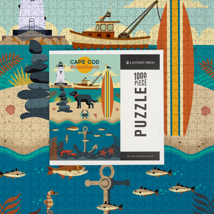 Cape Cod, Massachusetts, Geometric, Beach and Lighthouse, Jigsaw Puzzle