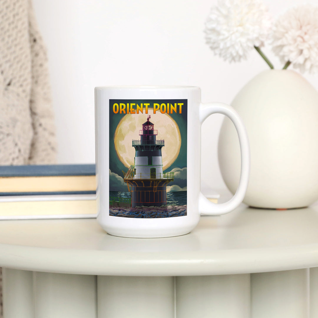 Orient Point, New York, Lighthouse & Full Moon, Lantern Press Artwork, Ceramic Mug