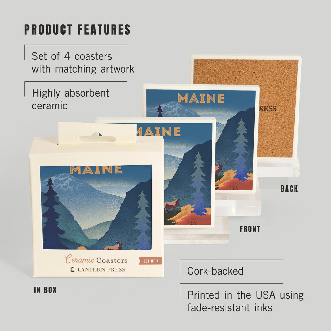 Maine, Lithograph, Elk and Mountains Scene ceramic coaster set