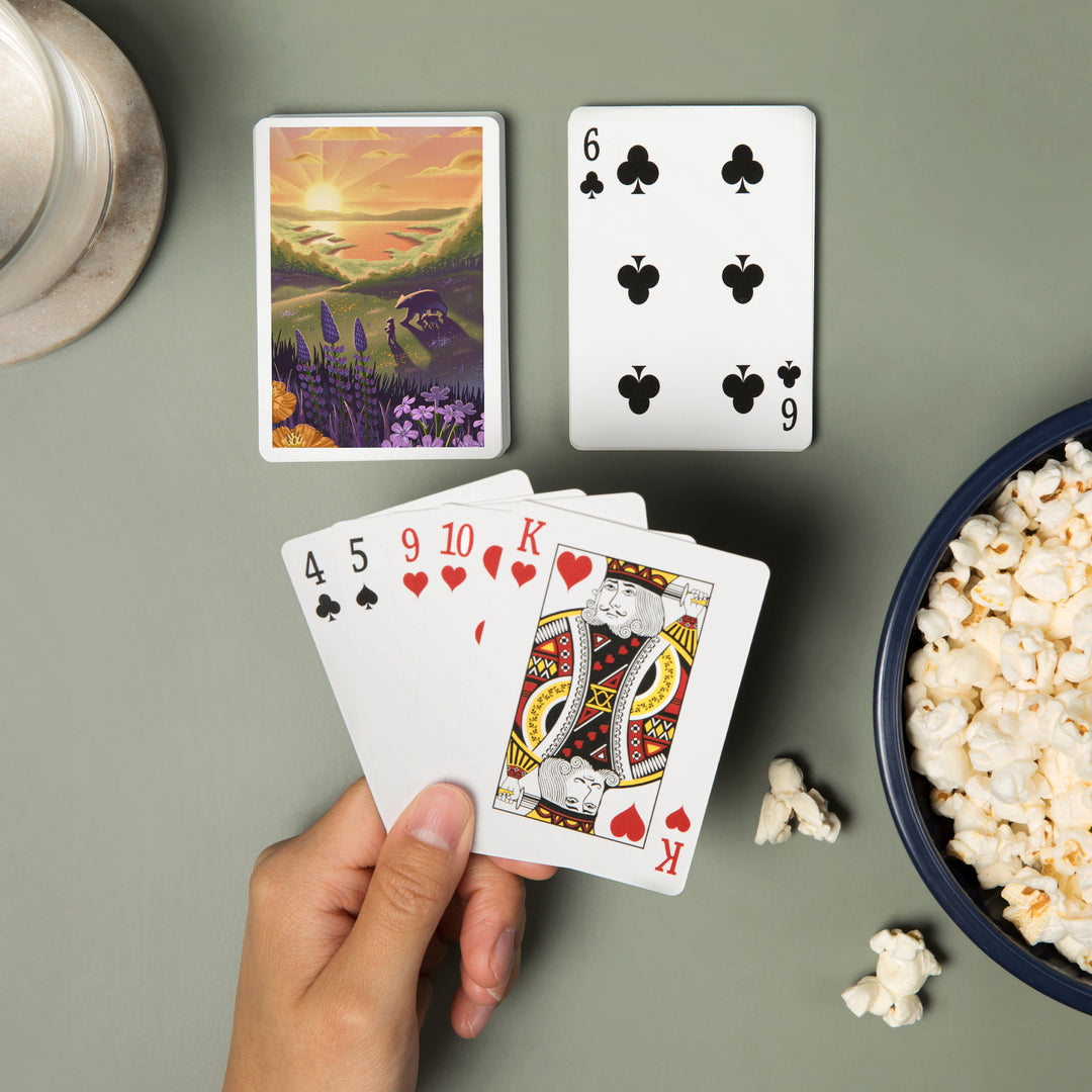 Playing Cards, Lithograph, Bear and Spring Flowers, Lake, 52 Card Deck with Jokers in Box, Unique Art