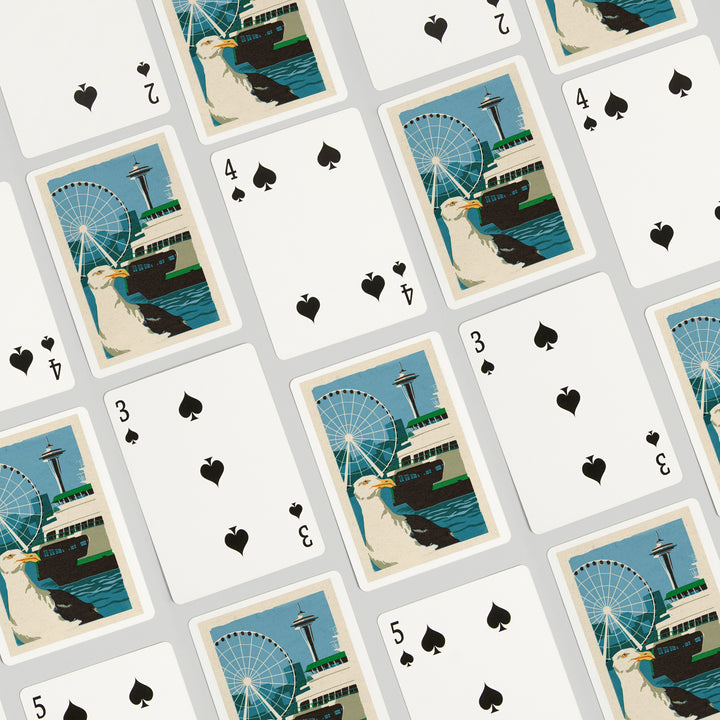 Playing Cards, Seattle, Washington, Woodblock City Series, Waterfront, 52 Card Deck with Jokers in Box, Unique Art