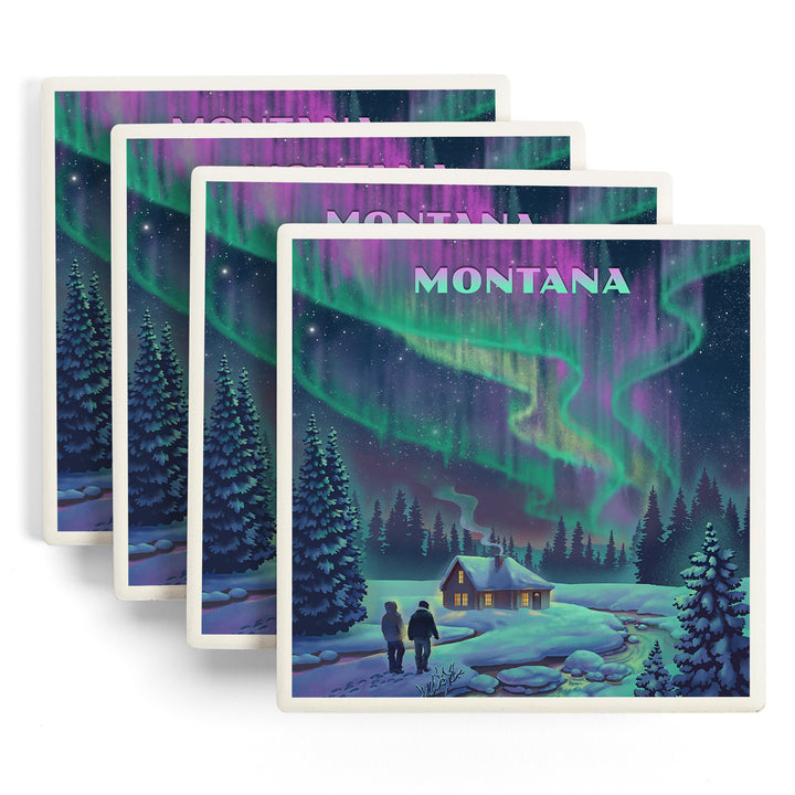 Montana, Litho, Northern Lights and Cabin, Coasters