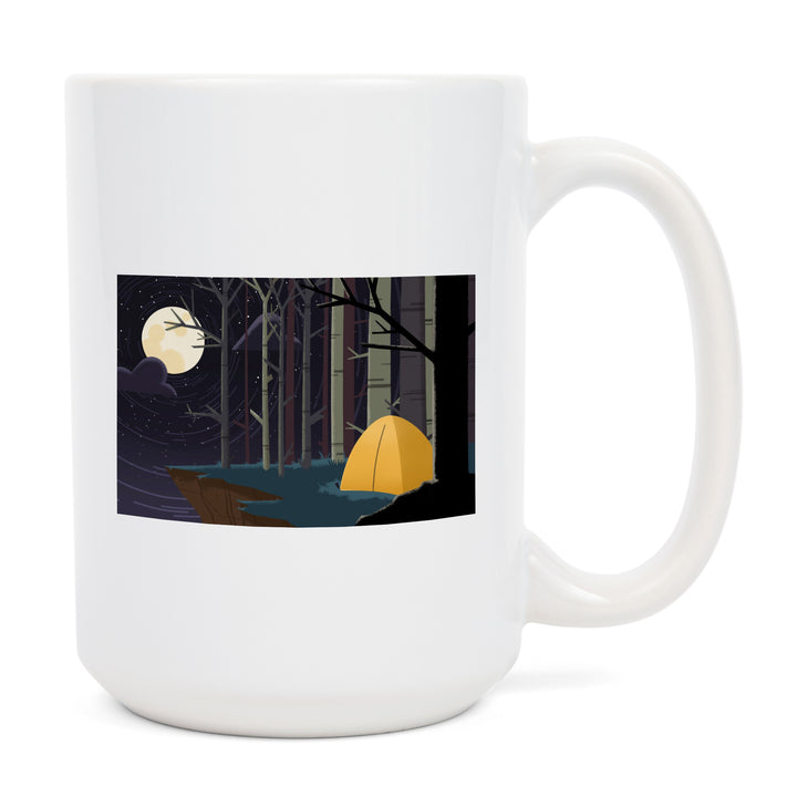 Camping by Cliffside at Night, Pop Sky, Lantern Press Artwork, Ceramic Mug