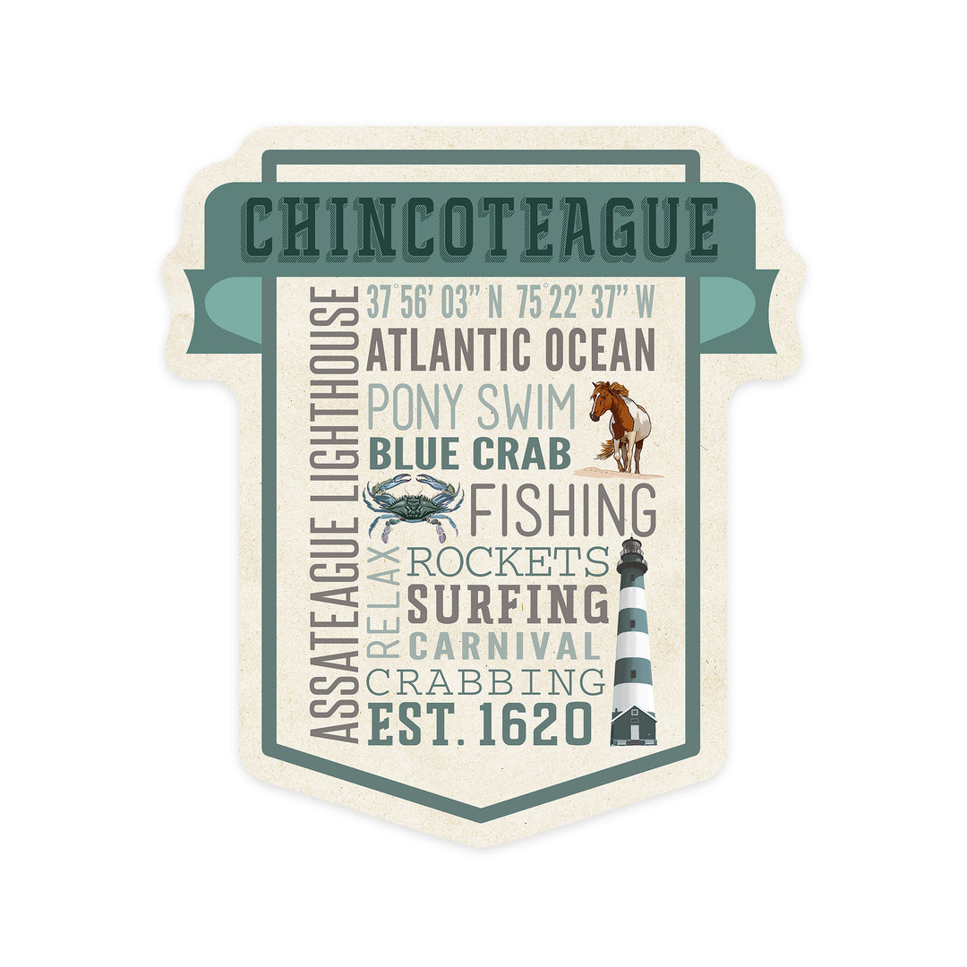 Chincoteague, Virginia, Typography, Contour, Vinyl Sticker
