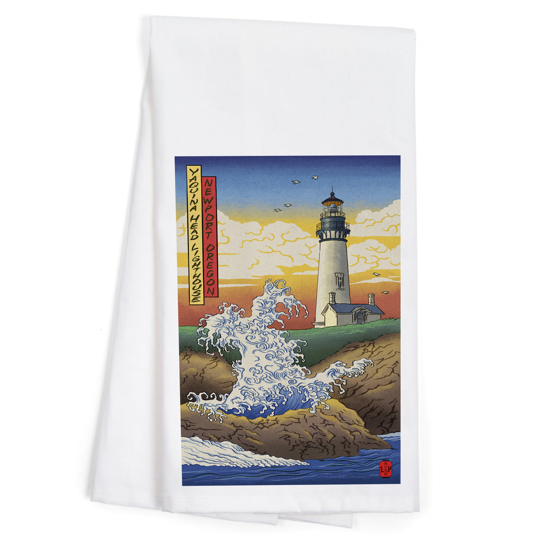 Newport, Oregon, Yaquina Head Lighthouse Woodblock, Organic Cotton Kitchen Tea Towels