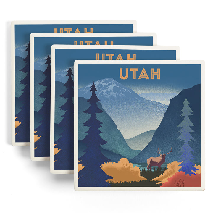 Utah, Lithograph, Elk and Mountains Scene ceramic coaster set