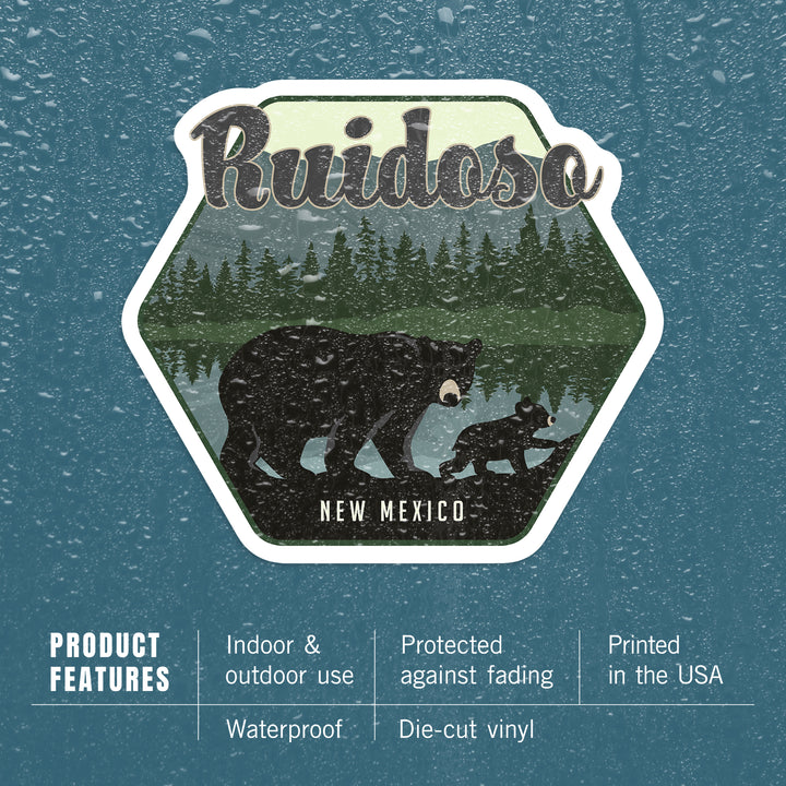 Ruidoso, New Mexico, Black Bear & Cub, Contour, Lantern Press Artwork, Vinyl Sticker