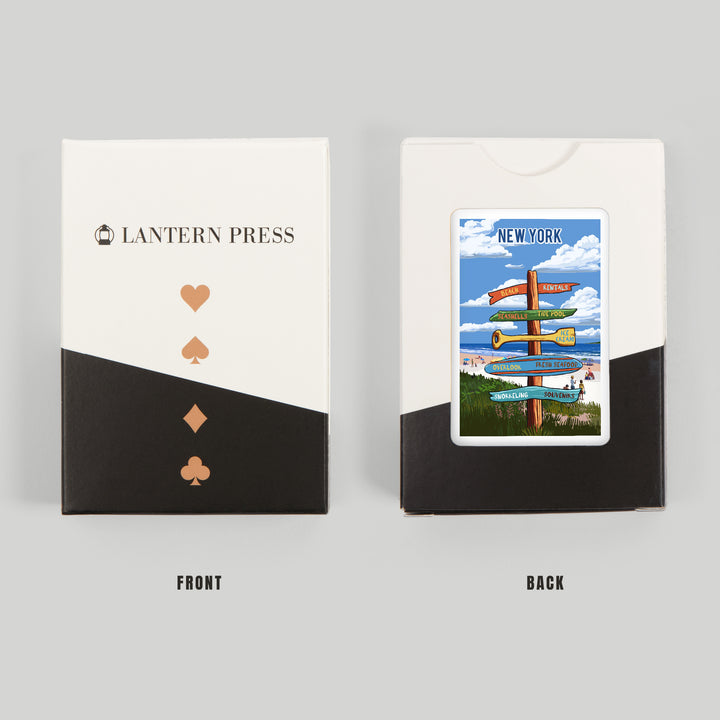 Playing Cards, New York, Signpost, Coast Beach with Umbrellas, 52 Card Deck with Jokers in Box, Unique Art