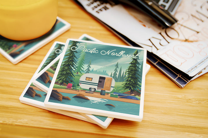 Pacific Northwest, Outdoor Activity, At Home Anywhere, Camper in Evergreens, Coaster Set