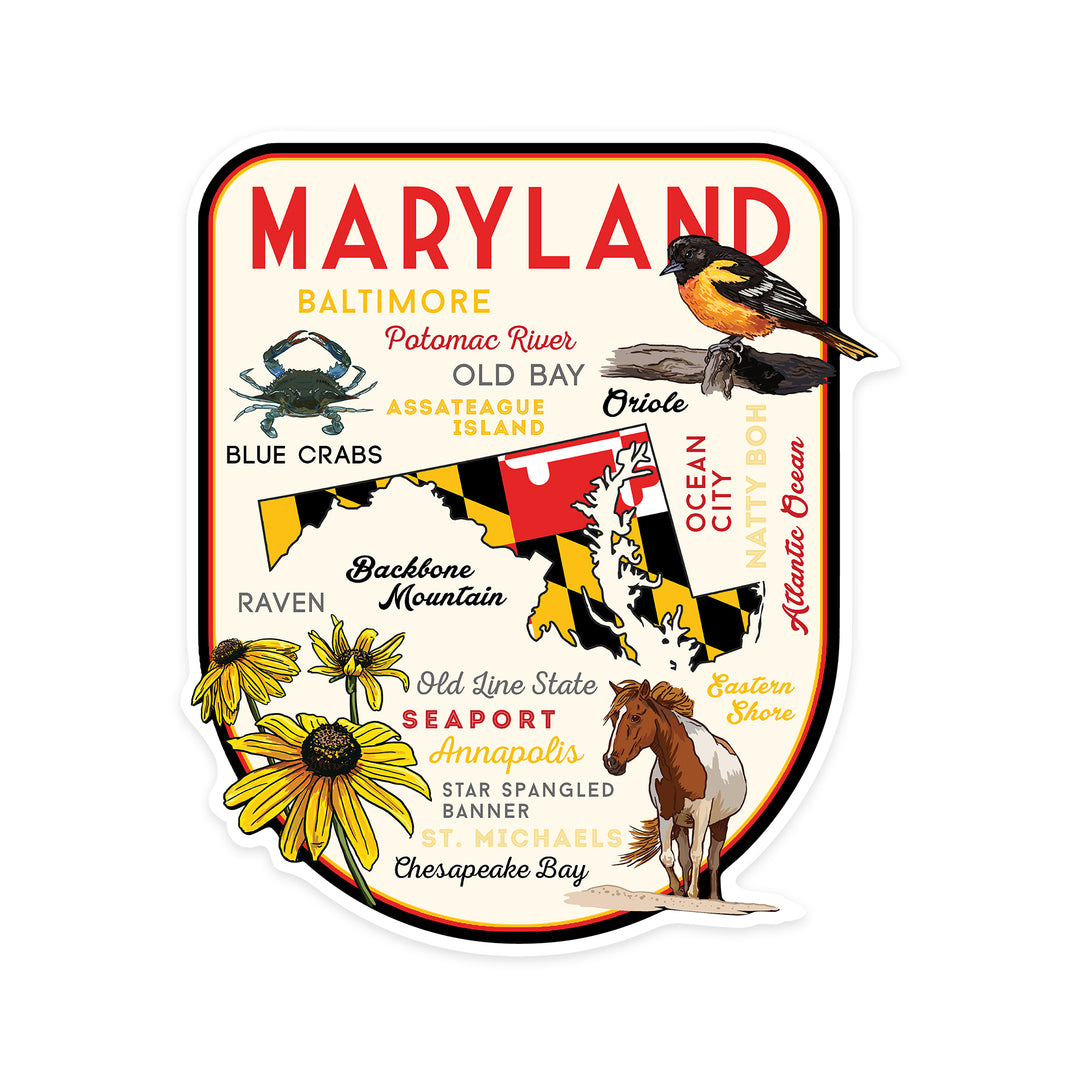 Maryland, Typography & Icons, Black-Eyed Susan, Contour, Lantern Press Artwork, Vinyl Sticker