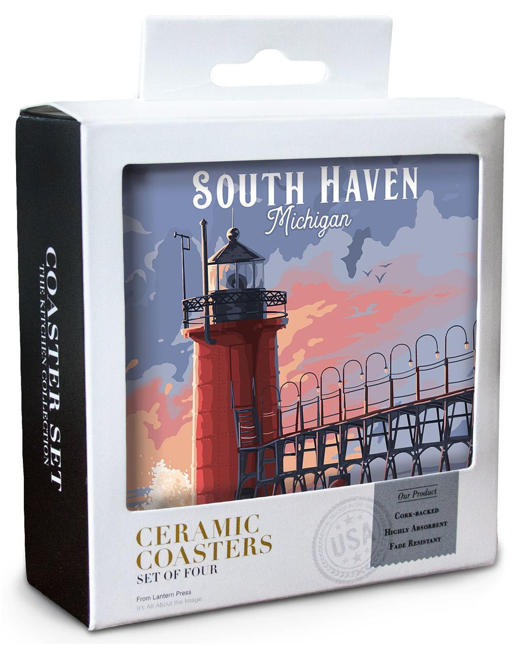 South Haven, Michigan, Lighthouse, Painterly, Coaster Set