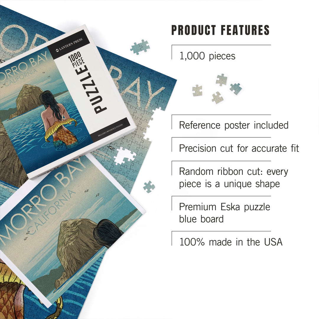 Morro Bay, California, Mermaid, Woodblock, 1000 Piece Jigsaw Puzzle