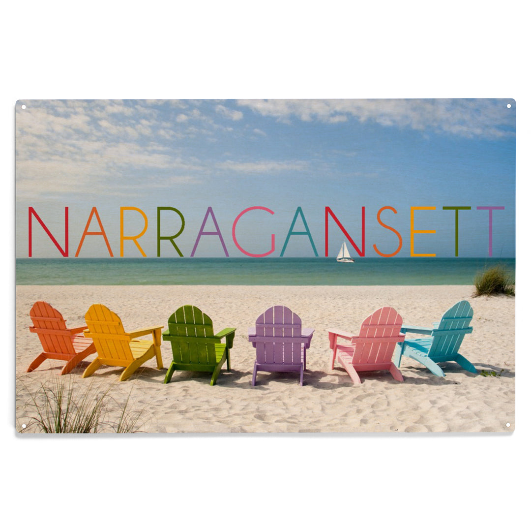 Narragansett, Rhode Island, Colorful Beach Chairs, Wood Sign and Postcards
