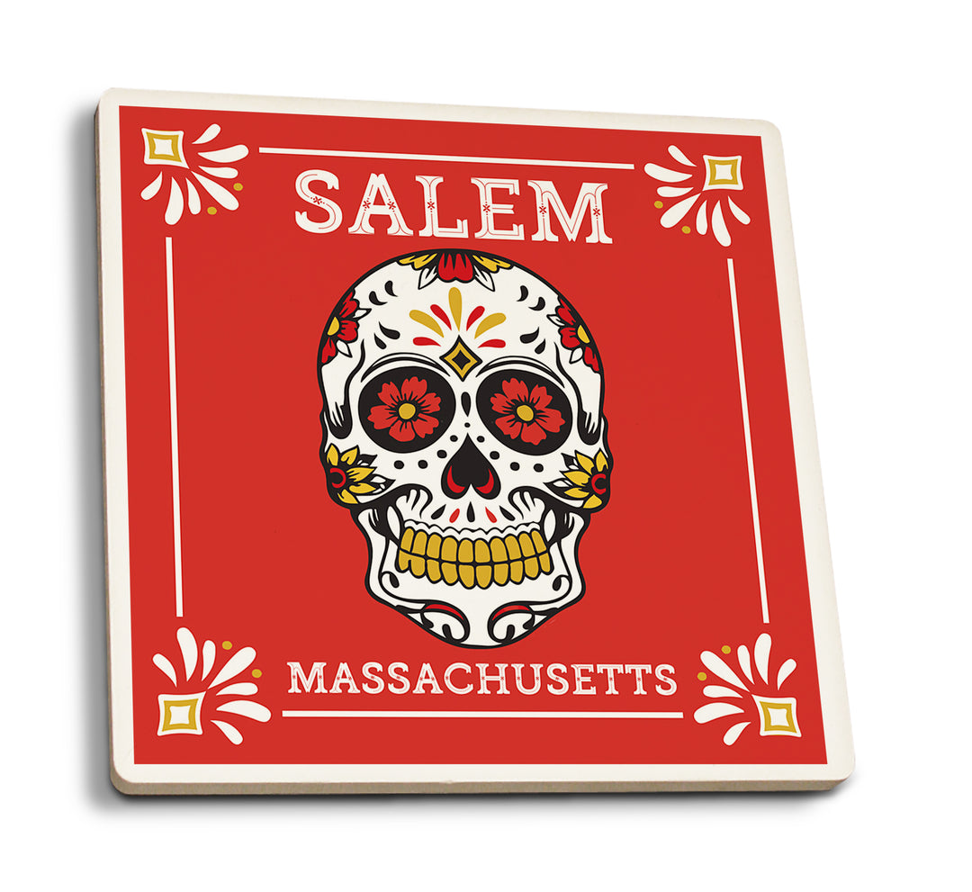 Salem, Massachusetts, Day of the Dead, Sugar Skull and Flower Pattern, Coaster Set