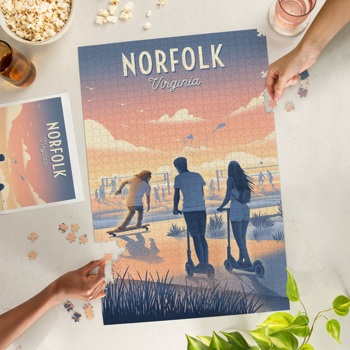 Norfolk, Virginia, Lithograph, Enjoy the Ride, Longboards and Scooters, 1000 Piece Jigsaw Puzzle