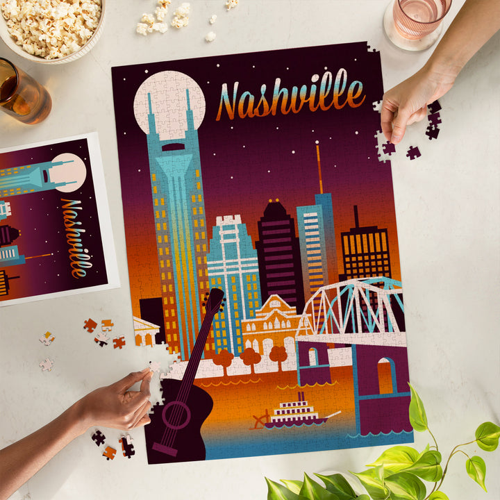 Nashville, Tennessee, Retro Skyline, Light, Chromatic Series, 1000 Piece Jigsaw Puzzle