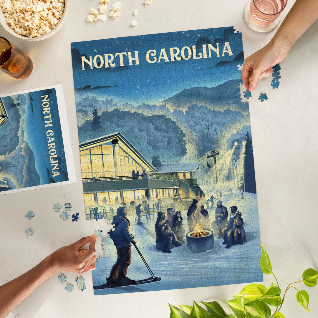 North Carolina, Lithograph, Snow Lodge, 1000 Piece Jigsaw Puzzle