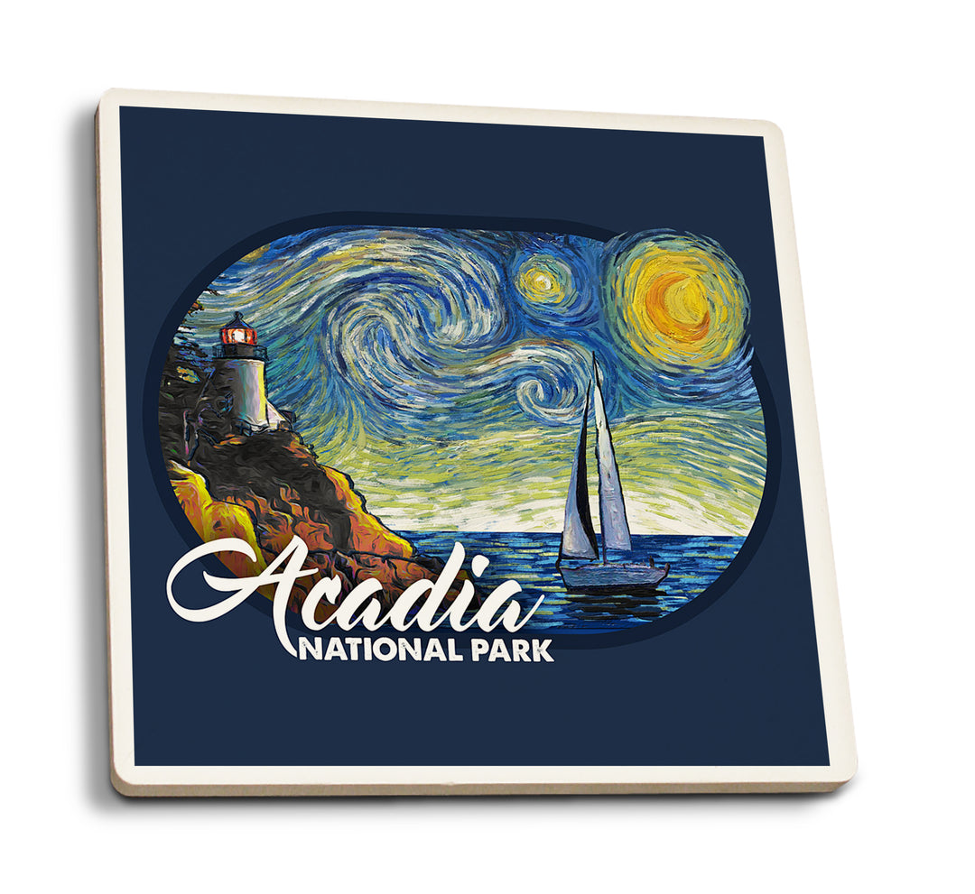 Acadia National Park, Maine, Bass Harbor Lighthouse, Starry Night, Contour, Coaster Set