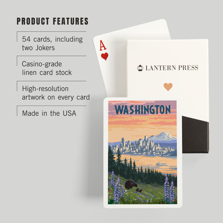 Playing Cards, Seattle, Washington, Bear and Spring Flowers, 52 Card Deck with Jokers in Box, Unique Art