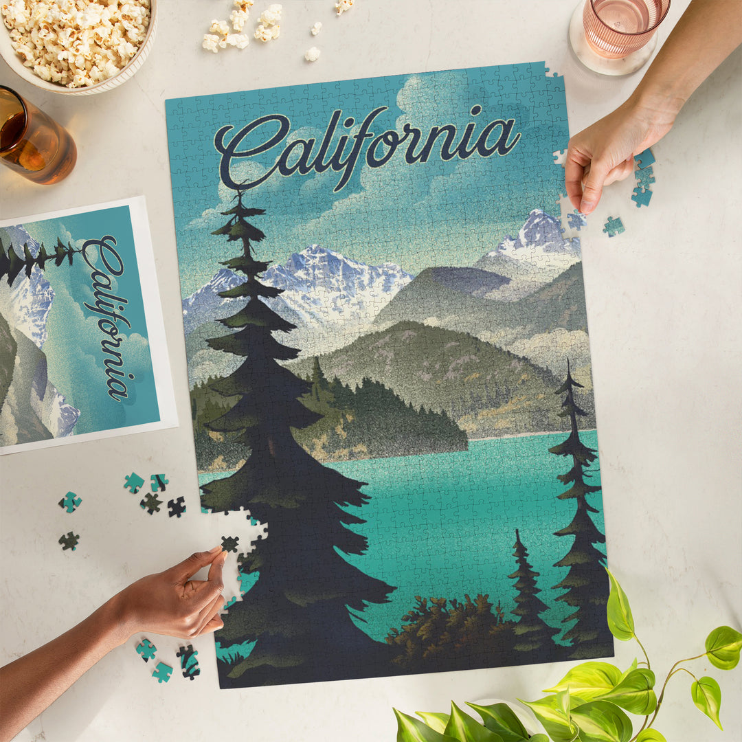 California, Lithograph, Lake and Mountains Scene, 1000 Piece Jigsaw Puzzle