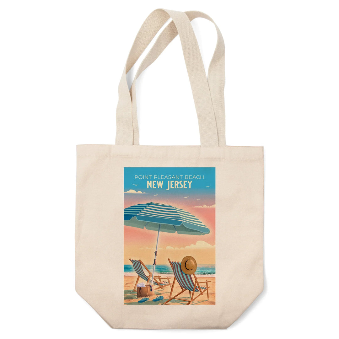 Point Pleasant Beach, New Jersey, Lithograph, Beach Chair and Umbrella, Tote Bag