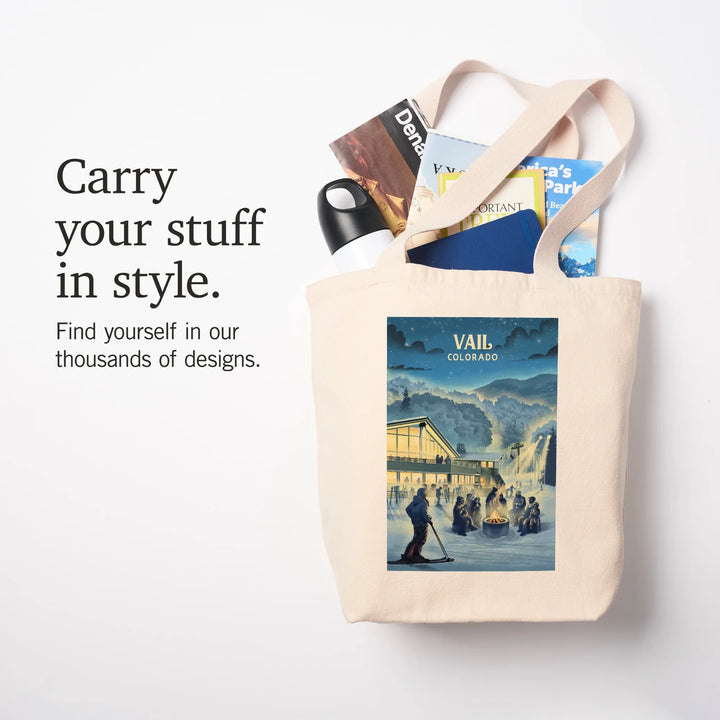 Vail, Colorado, Lithograph, Snow Lodge, Tote Bag