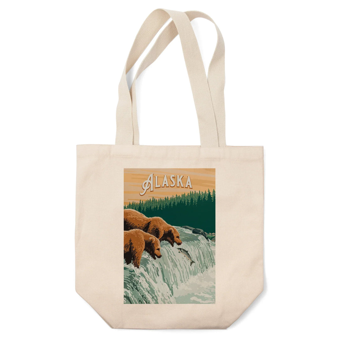 Alaska, Painterly, Grizzly Bears at Salmon Run, Tote Bag