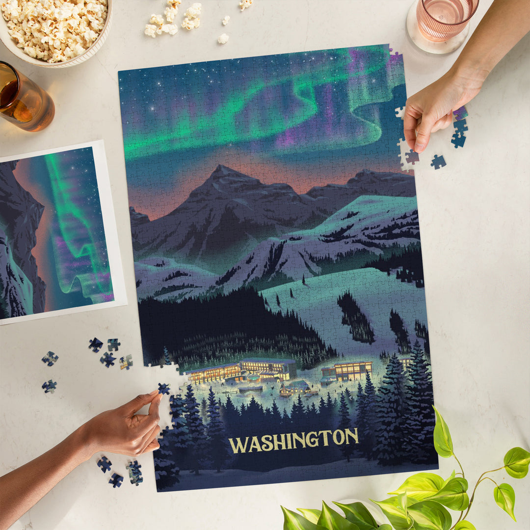 Washington, Village under Northern Lights, 1000 Piece Jigsaw Puzzle