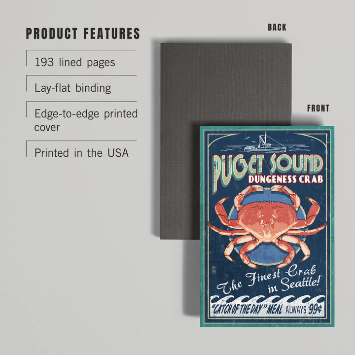 Lined 6x9 Journal, Seattle, Washington, Dungeness Crab Vintage Sign, Lay Flat, 193 Pages, FSC paper