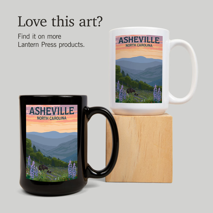 Asheville, North Carolina, Bears and Spring Flowers, Lantern Press Artwork, Ceramic Mug