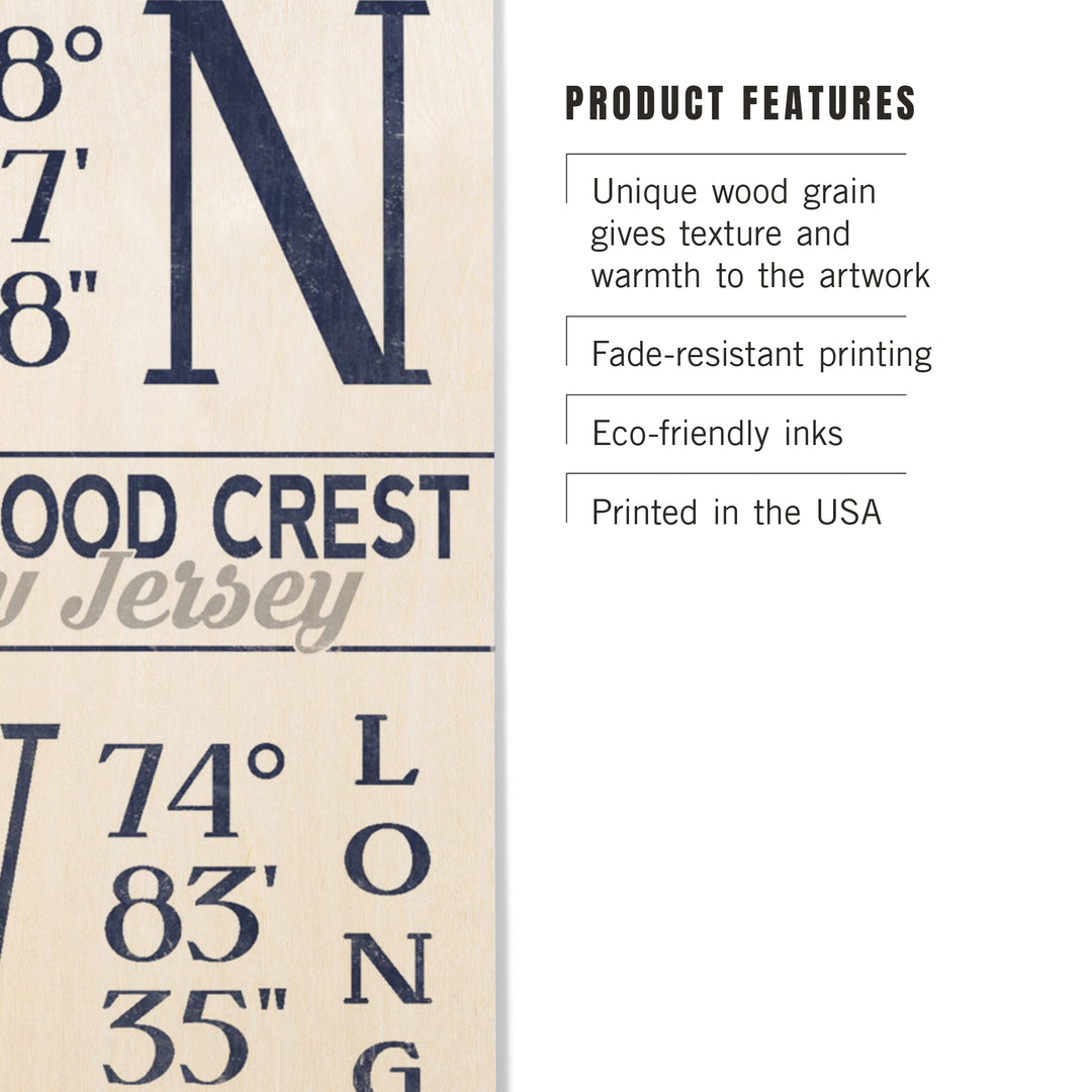 Wildwood Crest, New Jersey, Latitude & Longitude (Blue), Lantern Press Artwork, Wood Signs and Postcards