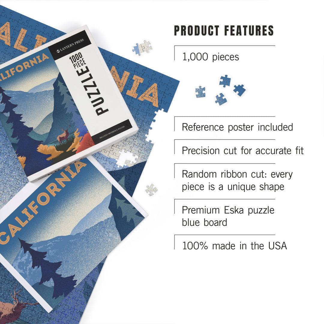 California, Lithograph, Elk and Mountain Scene, 1000 Piece Jigsaw Puzzle