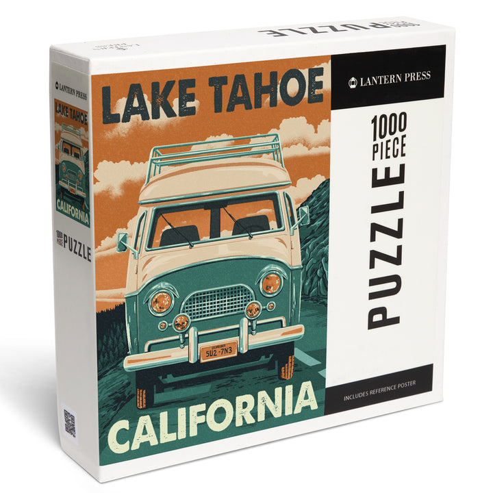 Lake Tahoe, California, Letterpress, Camper Van, Jigsaw Puzzle