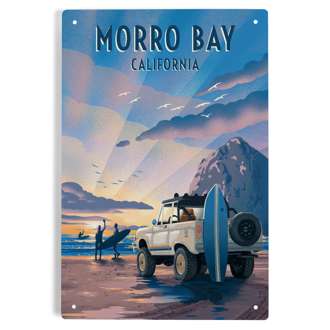Morro Bay, California, Lithograph, Surfers on Beach, Metal Signs