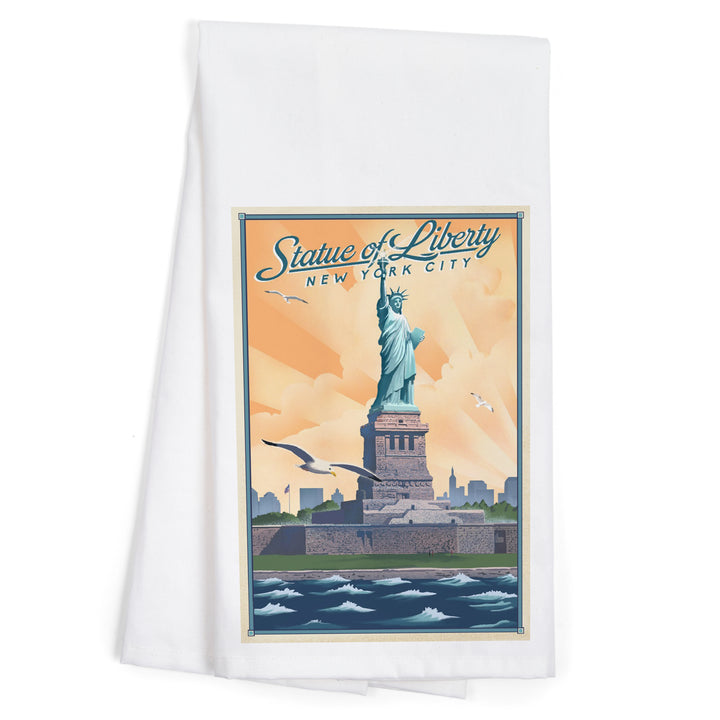New York, New York, Statue of Liberty, Litho, Organic Cotton Kitchen Tea Towels