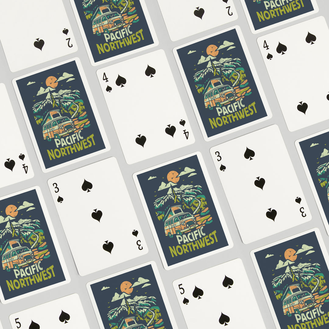 Playing Cards, Pacific Northwest, Distressed Vector, Camper Van in the Mountains, 52 Card Deck with Jokers in Box, Unique Art