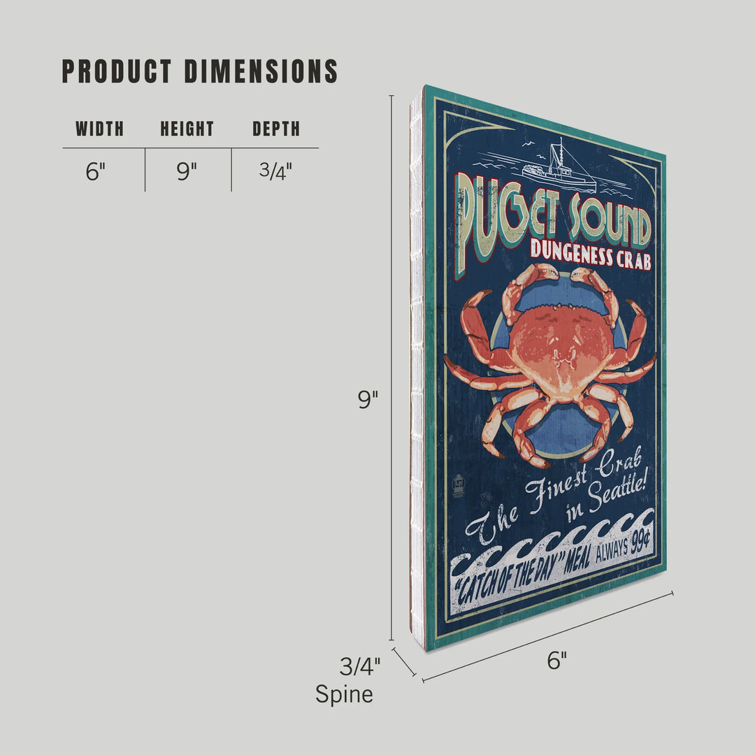 Lined 6x9 Journal, Seattle, Washington, Dungeness Crab Vintage Sign, Lay Flat, 193 Pages, FSC paper