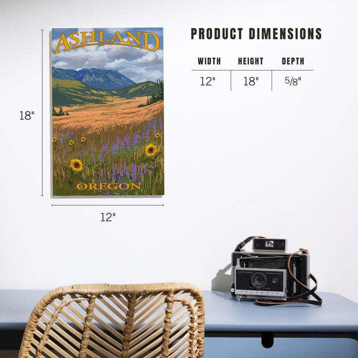 Ashland, Oregon, Field and Flowers, Lantern Press Poster, Wood Signs and Postcards