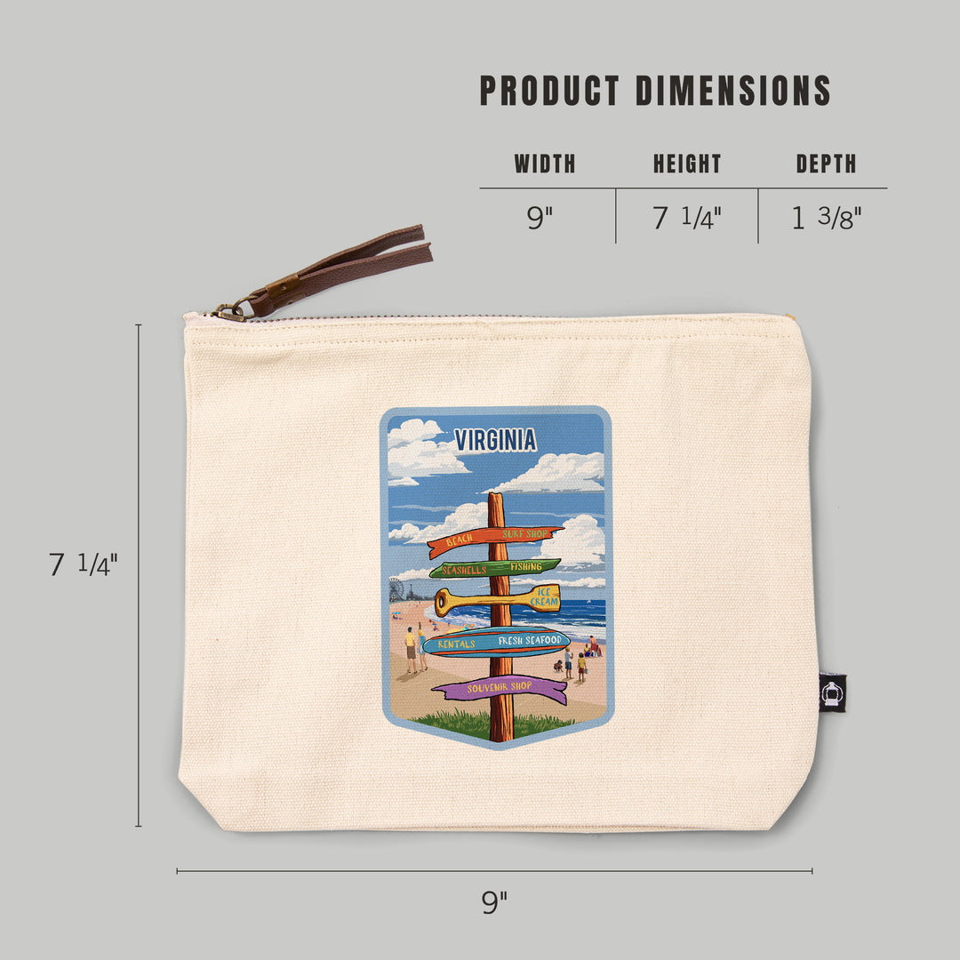 Virginia, Signpost, Coast Beach with Pier,, Organic Cotton Zipper Pouch, Go Bag