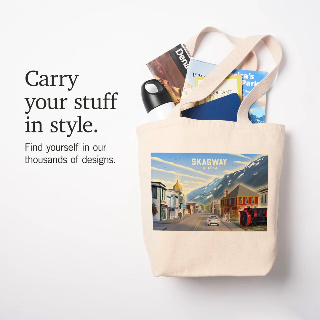 Skagway, Alaska, Lithograph, Main Street, Tote Bag