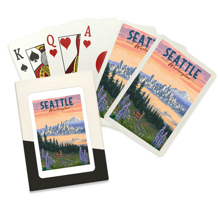 Playing Cards, Seattle, Washington, Deer and Spring Flowers, 52 Card Deck with Jokers in Box, Unique Art