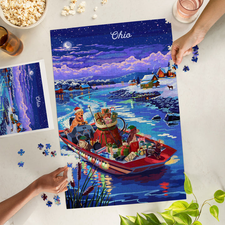 Ohio, Happy Howlidays, Painterly, Santa Dog and Helpers, 1000 Piece Jigsaw Puzzle