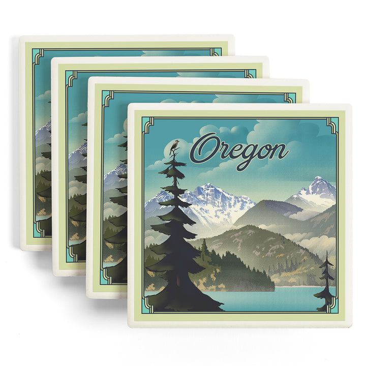 Oregon Lake and Mountains, Lithograph, Coaster Set