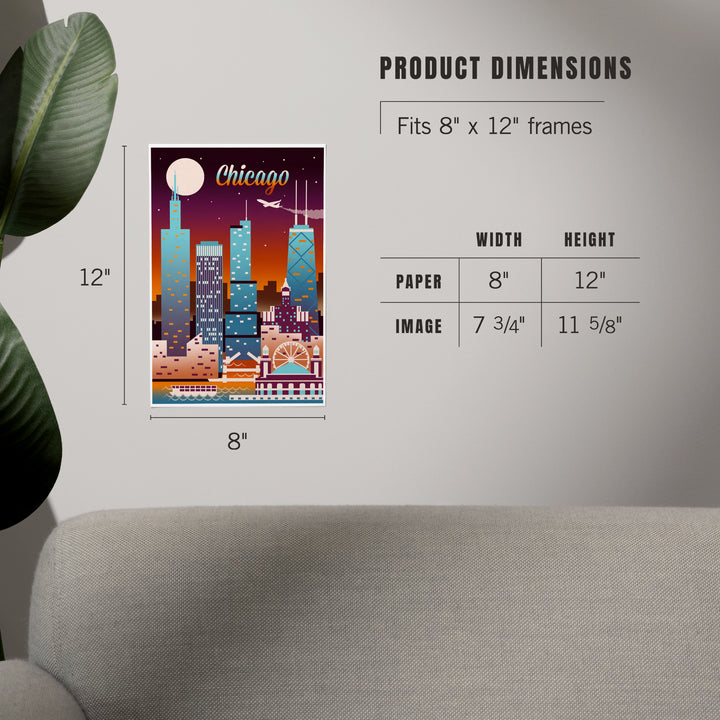 Chicago, Illinois, Retro Skyline Chromatic, Art & Giclee Prints