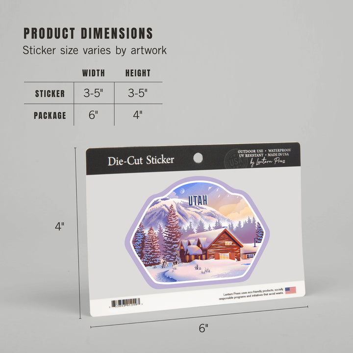 Utah, Lithograph, Mountain Lodge, Winter Scene, Vinyl Sticker